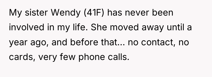My sister Wendy (41F) has never been involved in my...