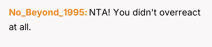 No_Beyond_1995 NTA! You didn't overreact at all.
