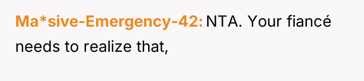Ma*sive-Emergency-42 NTA. Your fiancé needs to realize that,