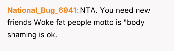 National_Bug_6941 NTA. You need new friends Woke fat people motto...