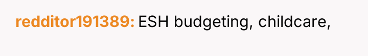 redditor191389 ESH budgeting, childcare,