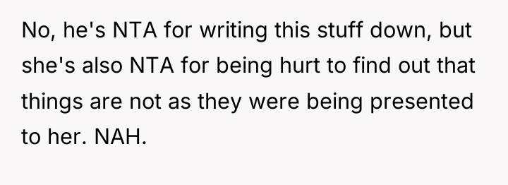 No, he's NTA for writing this stuff down, but she's...