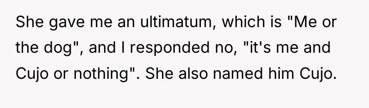 She gave me an ultimatum, which is "Me or the...