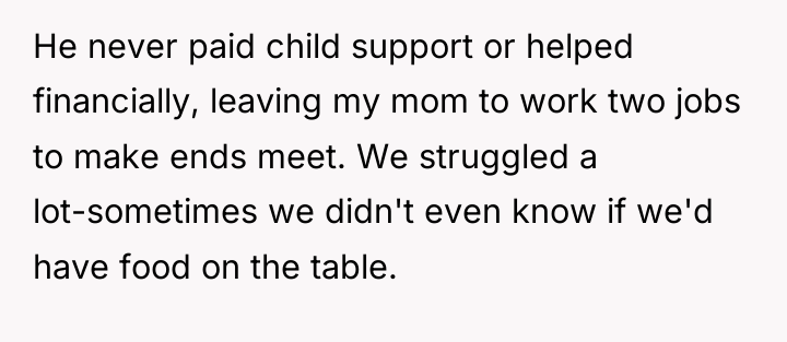 He never paid child support or helped financially, leaving my...