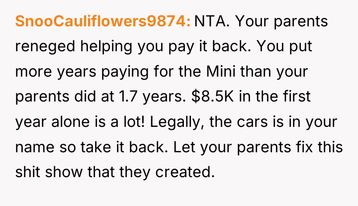 SnooCauliflowers9874 NTA. Your parents reneged helping you pay it back....