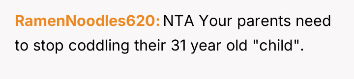 RamenNoodles620 NTA Your parents need to stop coddling their 31...