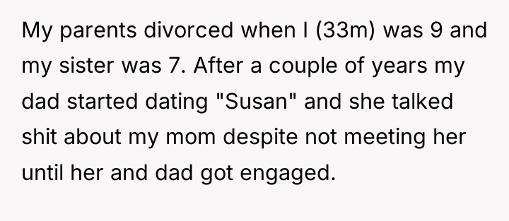 My parents divorced when I (33m) was 9 and my...