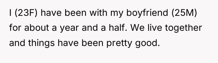 I (23F) have been with my boyfriend (25M) for about...