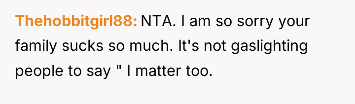 Thehobbitgirl88 NTA. I am so sorry your family sucks so...