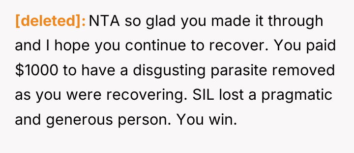 [deleted] NTA so glad you made it through and I...