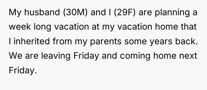 My husband (30M) and I (29F) are planning a week...