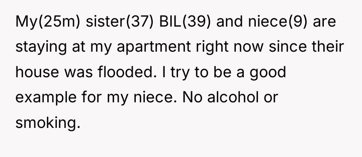 My(25m) sister(37) BIL(39) and niece(9) are staying at my apartment...