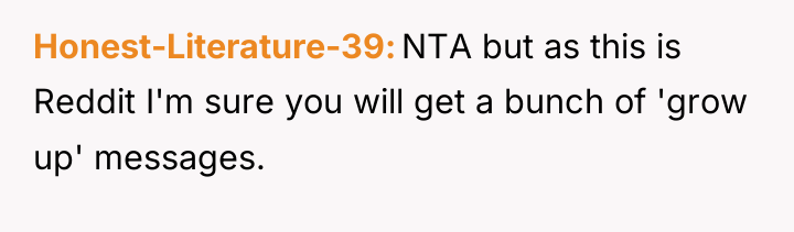Honest-Literature-39 NTA but as this is Reddit I'm sure you...