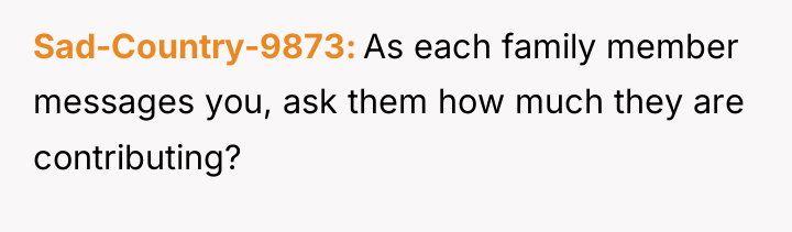 Sad-Country-9873 As each family member messages you, ask them how...
