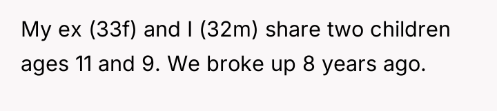 My ex (33f) and I (32m) share two children ages...