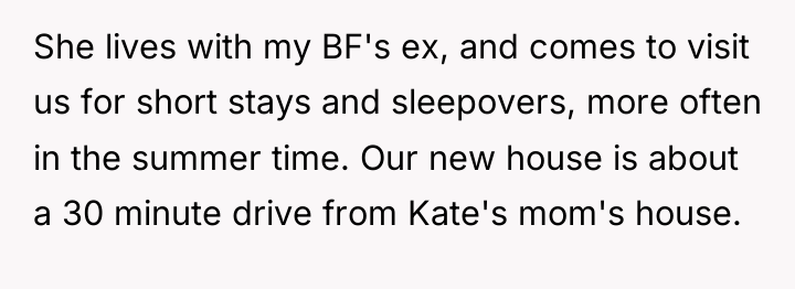 She lives with my BF's ex, and comes to visit...