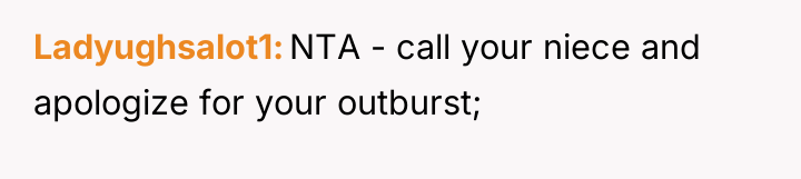 Ladyughsalot1 NTA - call your niece and apologize for your...