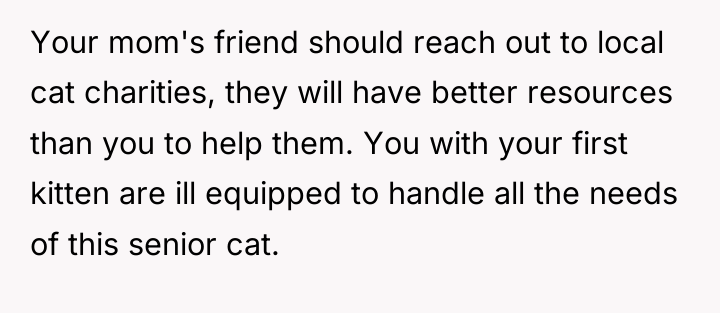 Your mom's friend should reach out to local cat charities,...