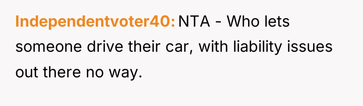 Independentvoter40 NTA - Who lets someone drive their car, with...