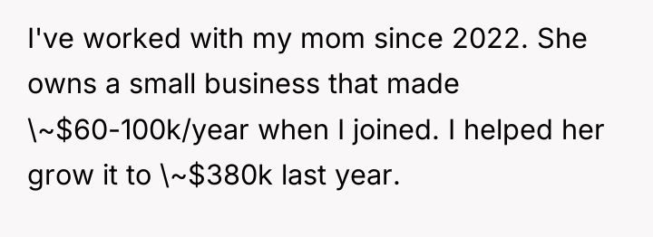 I've worked with my mom since 2022. She owns a...