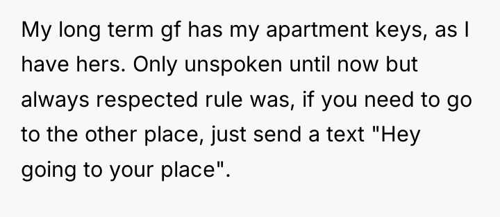 My long term gf has my apartment keys, as I...