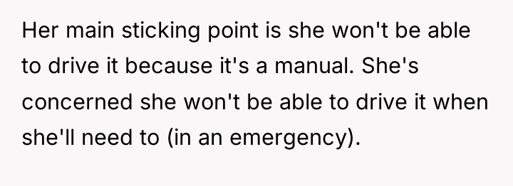 Her main sticking point is she won't be able to...
