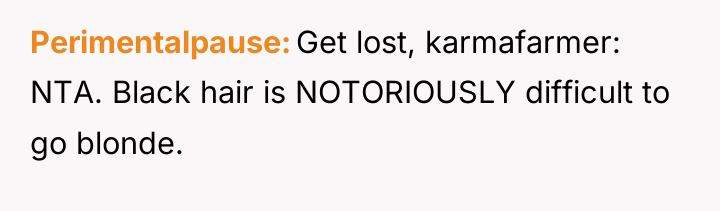 Perimentalpause Get lost, karmafarmer: NTA. Black hair is NOTORIOUSLY difficult...