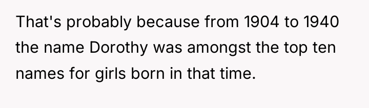 That's probably because from 1904 to 1940 the name Dorothy...