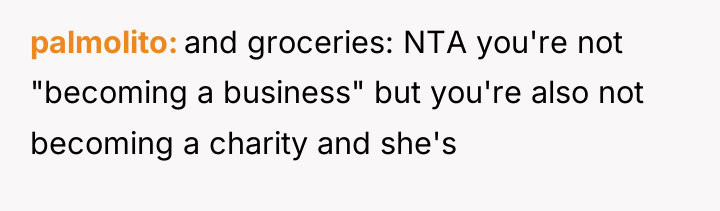 palmolito and groceries: NTA you're not "becoming a business" but...