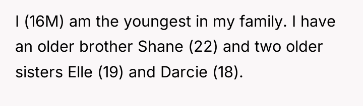 I (16M) am the youngest in my family. I have...