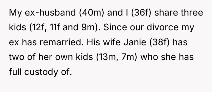 My ex-husband (40m) and I (36f) share three kids (12f,...