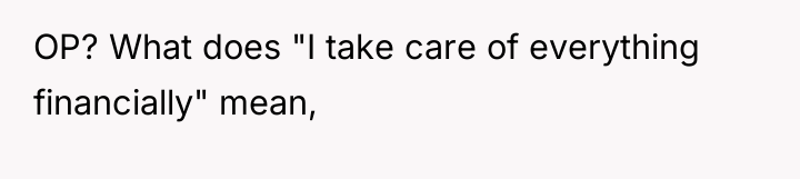 OP? What does "I take care of everything financially" mean,