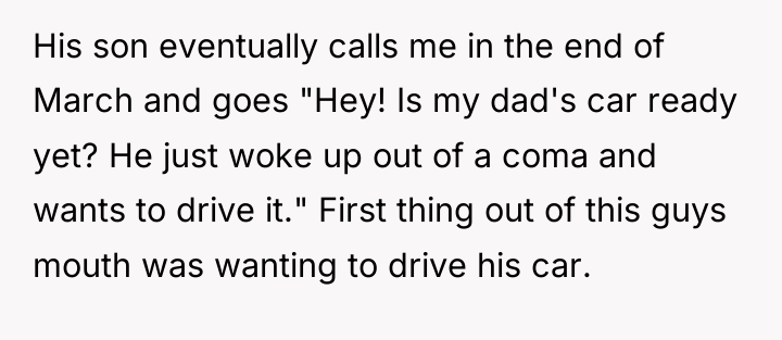 His son eventually calls me in the end of March...