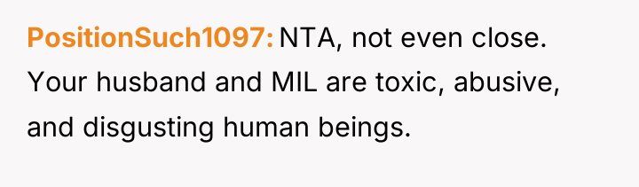 PositionSuch1097 NTA, not even close. Your husband and MIL are...