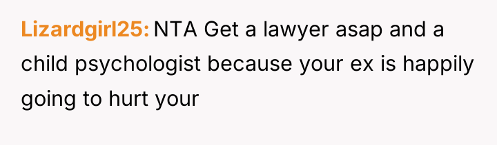 Lizardgirl25 NTA Get a lawyer asap and a child psychologist...