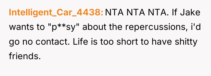Intelligent_Car_4438 NTA NTA NTA. If Jake wants to "p**sy" about...