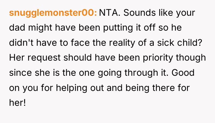 snugglemonster00 NTA. Sounds like your dad might have been putting...
