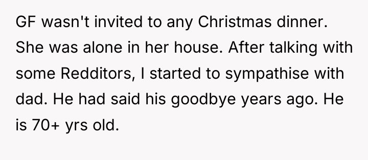 GF wasn't invited to any Christmas dinner. She was alone...
