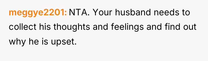 meggye2201 NTA. Your husband needs to collect his thoughts and...