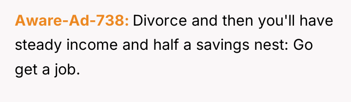 Aware-Ad-738 Divorce and then you'll have steady income and half...