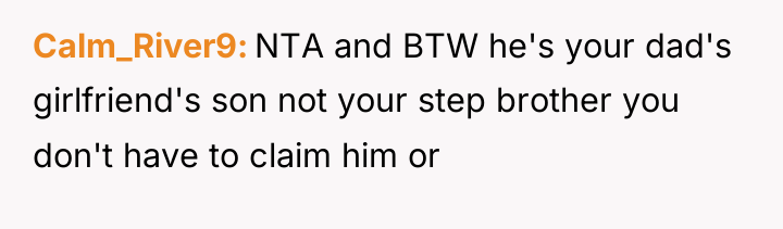 Calm_River9 NTA and BTW he's your dad's girlfriend's son not...
