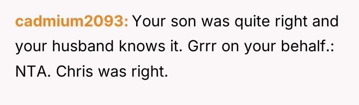 cadmium2093 Your son was quite right and your husband knows...