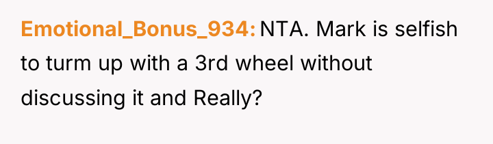 Emotional_Bonus_934 NTA. Mark is selfish to turm up with a...