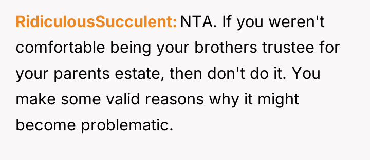RidiculousSucculent NTA. If you weren't comfortable being your brothers trustee...