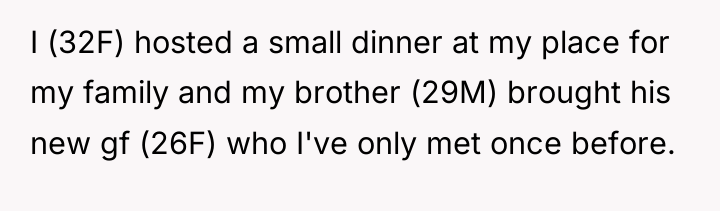 I (32F) hosted a small dinner at my place for...