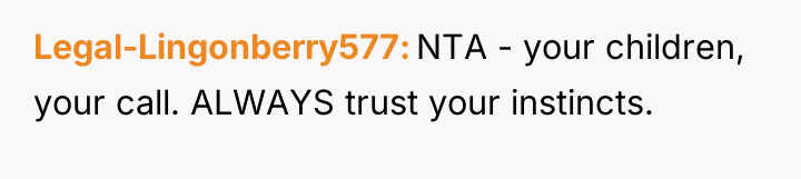 Legal-Lingonberry577 NTA - your children, your call. ALWAYS trust your...