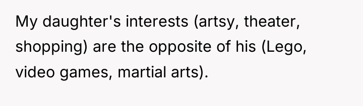 My daughter's interests (artsy, theater, shopping) are the opposite of...