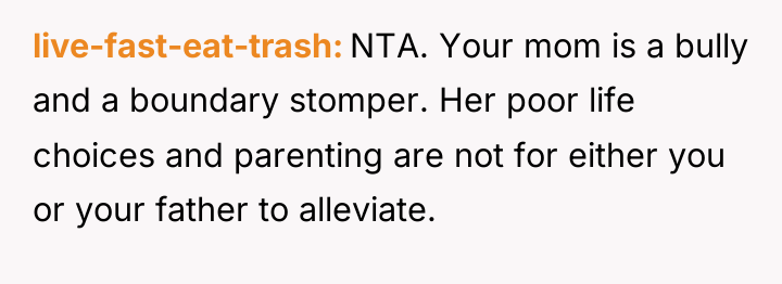 live-fast-eat-trash NTA. Your mom is a bully and a boundary...