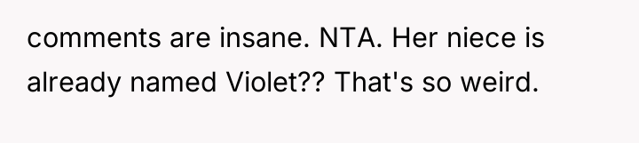 comments are insane. NTA. Her niece is already named Violet??...