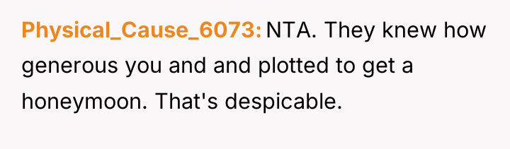Physical_Cause_6073 NTA. They knew how generous you and and plotted...